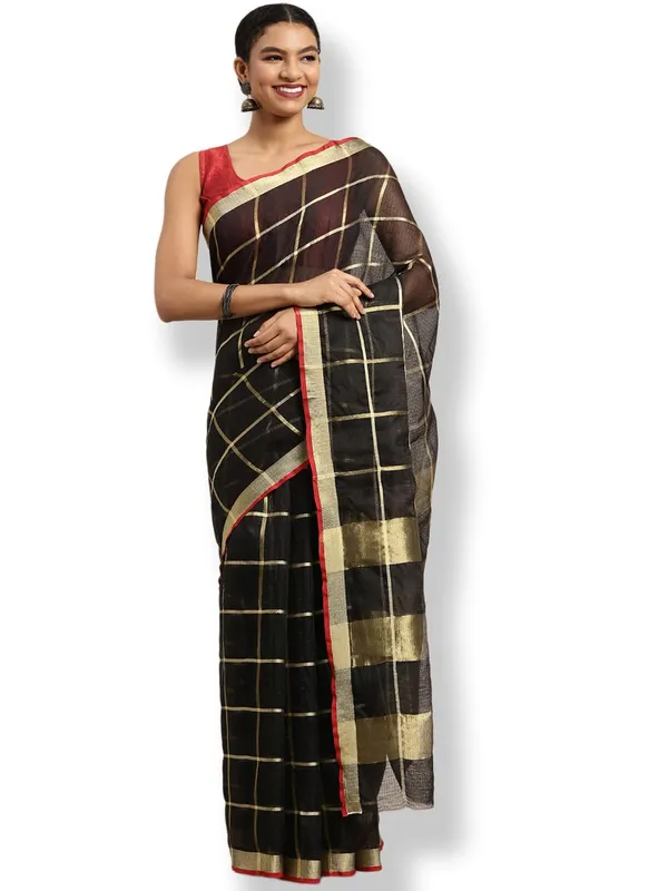 Black_Cotton_Silk_Premium_&_Elegant_(_Zari_Checkered_)_Kota_Doria_Saree_With_Blouse_Piece_For_Women