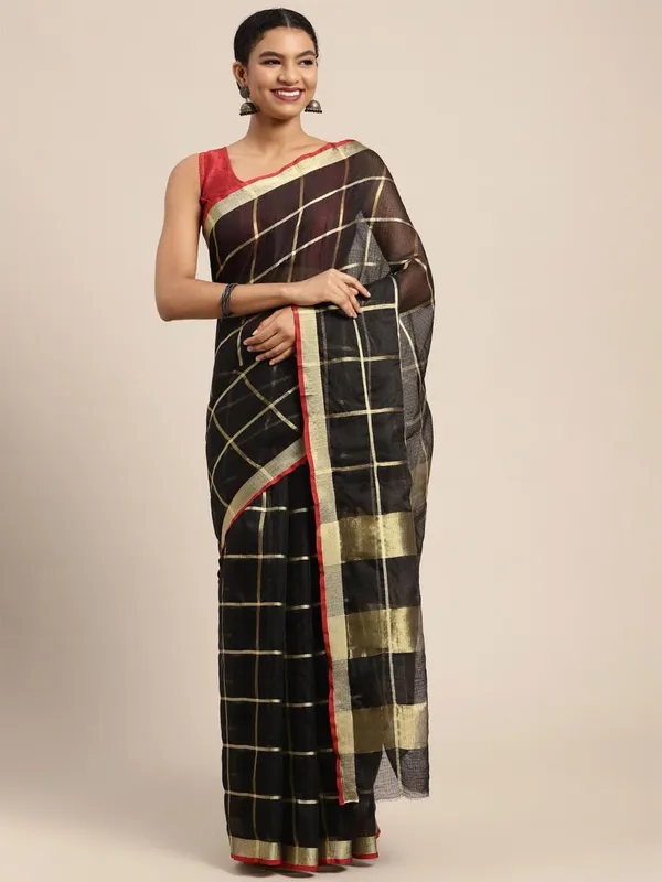 Black_Cotton_Silk_Premium_&_Elegant_(_Zari_Checkered_)_Kota_Doria_Saree_With_Blouse_Piece_For_Women