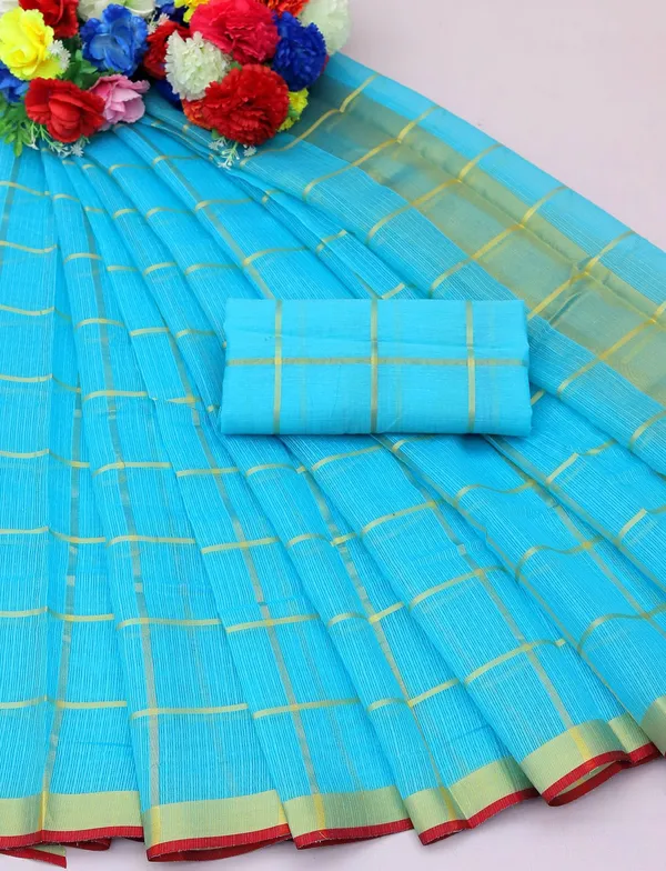 Blue_Cotton_Silk_Premium_&_Elegant_(_Zari_Checkered_)_Kota_Doria_Saree_With_Blouse_Piece_For_Women