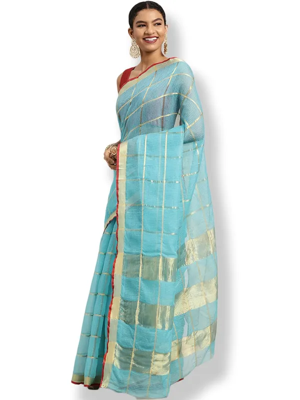 Blue_Cotton_Silk_Premium_&_Elegant_(_Zari_Checkered_)_Kota_Doria_Saree_With_Blouse_Piece_For_Women