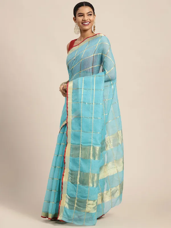 Blue_Cotton_Silk_Premium_&_Elegant_(_Zari_Checkered_)_Kota_Doria_Saree_With_Blouse_Piece_For_Women