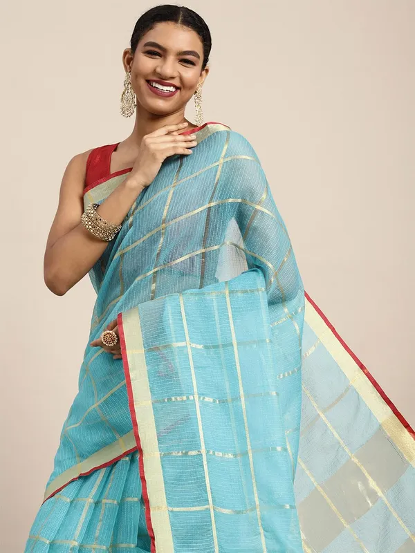 Blue_Cotton_Silk_Premium_&_Elegant_(_Zari_Checkered_)_Kota_Doria_Saree_With_Blouse_Piece_For_Women