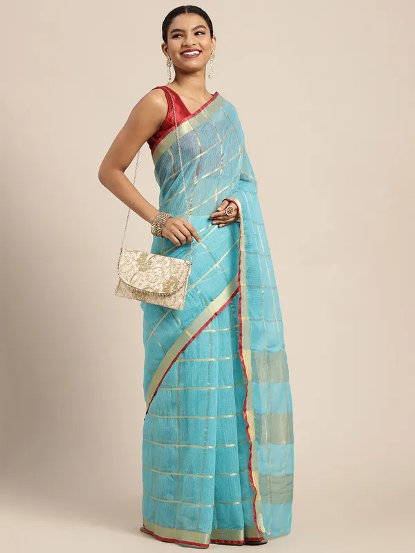 Blue_Cotton_Silk_Premium_&_Elegant_(_Zari_Checkered_)_Kota_Doria_Saree_With_Blouse_Piece_For_Women