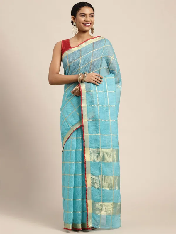Blue_Cotton_Silk_Premium_&_Elegant_(_Zari_Checkered_)_Kota_Doria_Saree_With_Blouse_Piece_For_Women