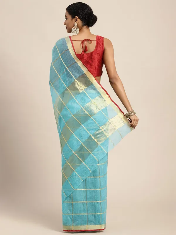 Blue_Cotton_Silk_Premium_&_Elegant_(_Zari_Checkered_)_Kota_Doria_Saree_With_Blouse_Piece_For_Women