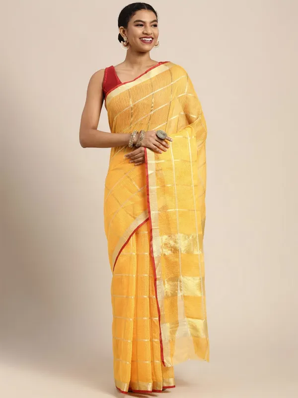 Mustard_Cotton_Silk_Premium_&_Elegant_(_Zari_Checkered_)_Kota_Doria_Saree_With_Blouse_Piece_For_Women