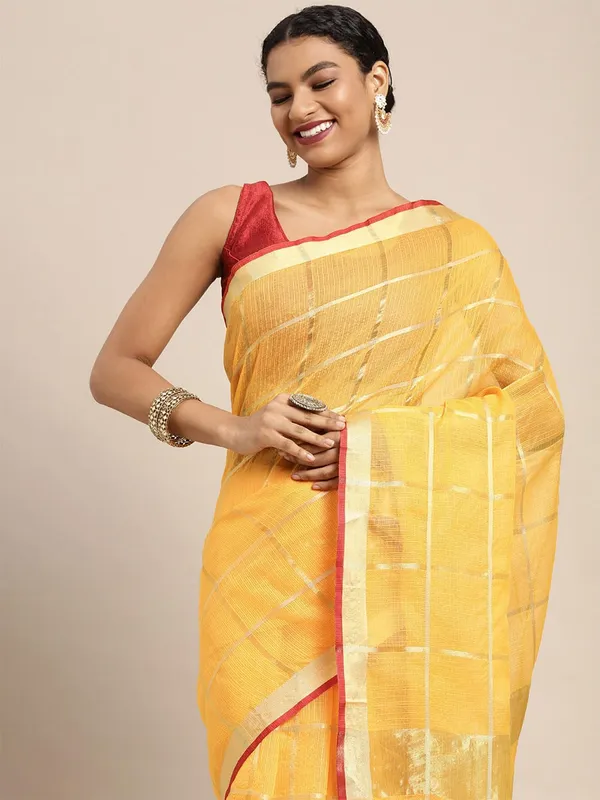 Mustard_Cotton_Silk_Premium_&_Elegant_(_Zari_Checkered_)_Kota_Doria_Saree_With_Blouse_Piece_For_Women