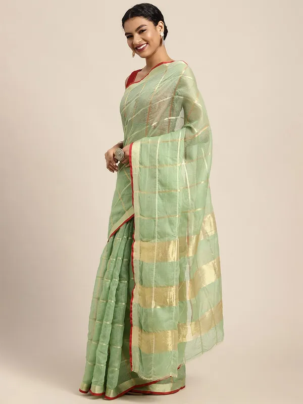 Olive_Green_Cotton_Silk_Premium_&_Elegant_(_Zari_Checkered_)_Kota_Doria_Saree_With_Blouse_Piece_For_Women