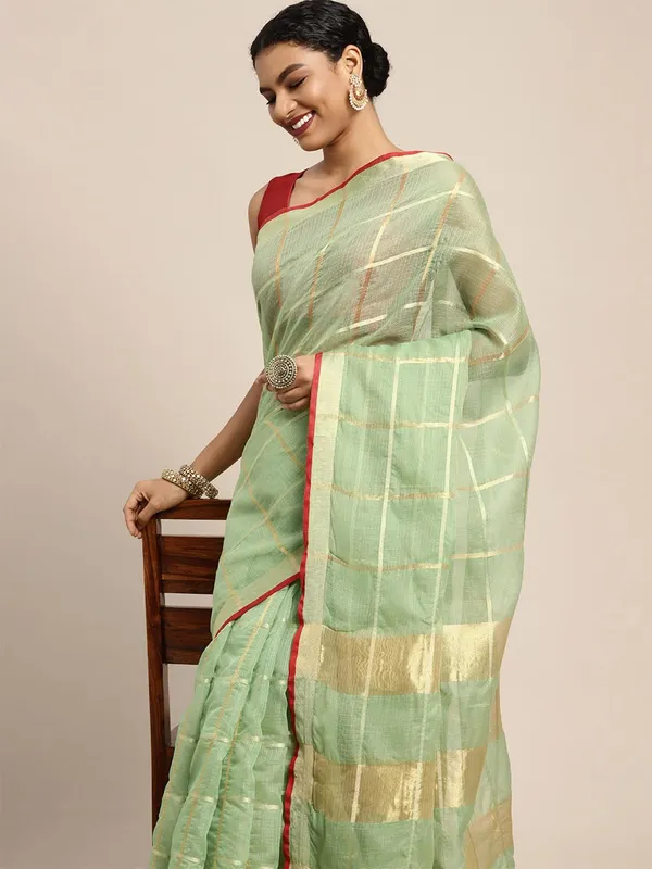 Olive_Green_Cotton_Silk_Premium_&_Elegant_(_Zari_Checkered_)_Kota_Doria_Saree_With_Blouse_Piece_For_Women
