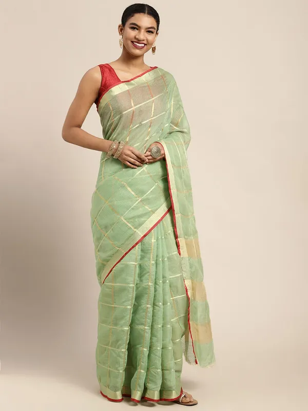 Olive_Green_Cotton_Silk_Premium_&_Elegant_(_Zari_Checkered_)_Kota_Doria_Saree_With_Blouse_Piece_For_Women