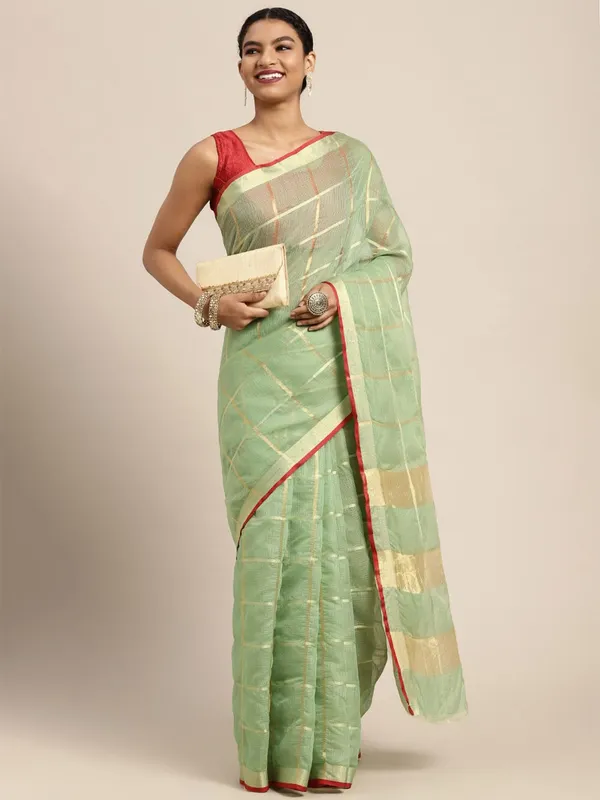 Olive_Green_Cotton_Silk_Premium_&_Elegant_(_Zari_Checkered_)_Kota_Doria_Saree_With_Blouse_Piece_For_Women