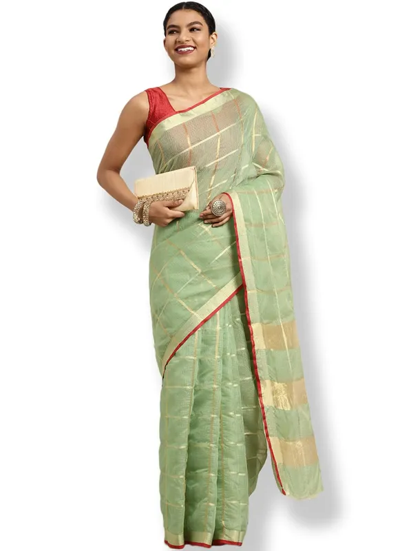 Olive_Green_Cotton_Silk_Premium_&_Elegant_(_Zari_Checkered_)_Kota_Doria_Saree_With_Blouse_Piece_For_Women