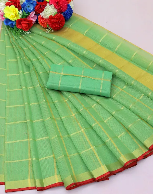 Olive_Green_Cotton_Silk_Premium_&_Elegant_(_Zari_Checkered_)_Kota_Doria_Saree_With_Blouse_Piece_For_Women
