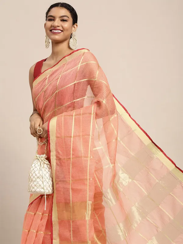Peach_Cotton_Silk_Premium_&_Elegant_(_Zari_Checkered_)_Kota_Doria_Saree_With_Blouse_Piece_For_Women