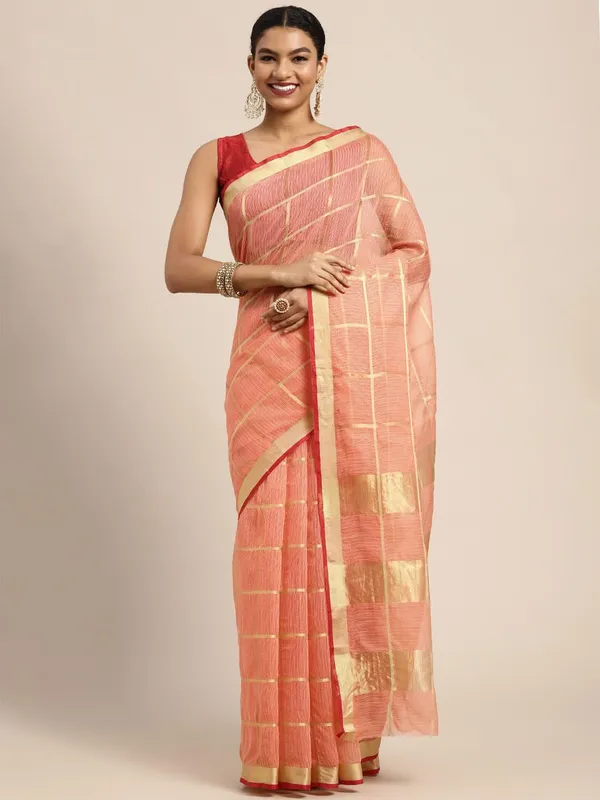 Peach_Cotton_Silk_Premium_&_Elegant_(_Zari_Checkered_)_Kota_Doria_Saree_With_Blouse_Piece_For_Women