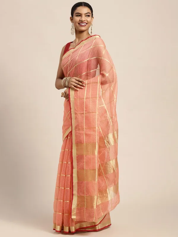 Peach_Cotton_Silk_Premium_&_Elegant_(_Zari_Checkered_)_Kota_Doria_Saree_With_Blouse_Piece_For_Women