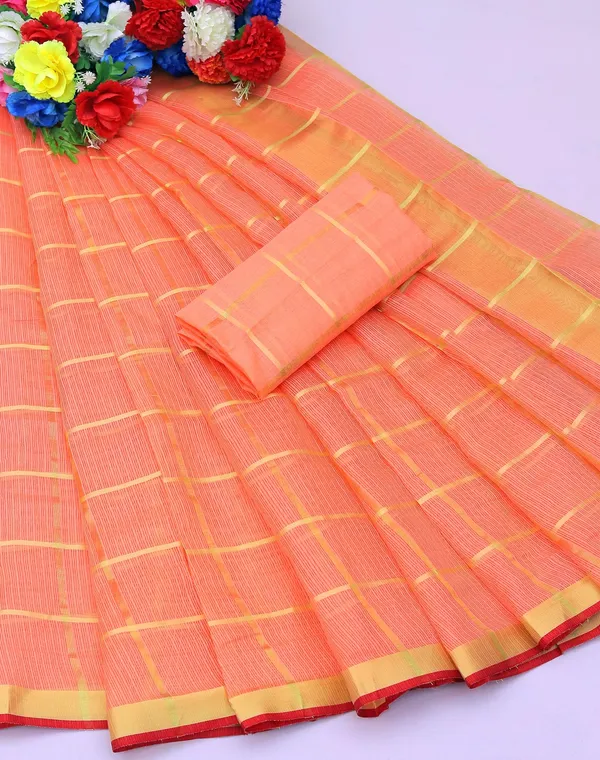 Peach_Cotton_Silk_Premium_&_Elegant_(_Zari_Checkered_)_Kota_Doria_Saree_With_Blouse_Piece_For_Women