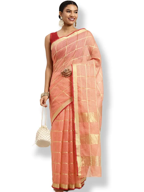 Peach_Cotton_Silk_Premium_&_Elegant_(_Zari_Checkered_)_Kota_Doria_Saree_With_Blouse_Piece_For_Women