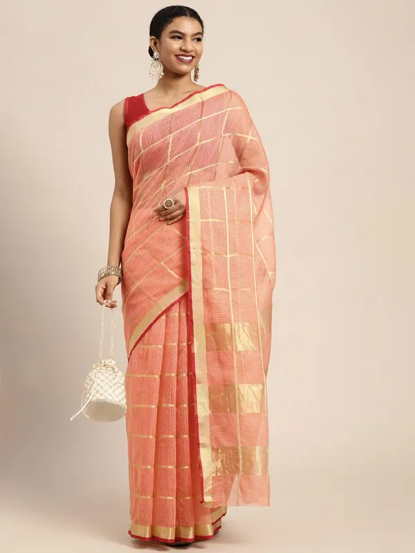 Peach_Cotton_Silk_Premium_&_Elegant_(_Zari_Checkered_)_Kota_Doria_Saree_With_Blouse_Piece_For_Women