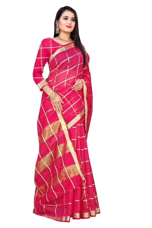 Rani_Pink_Cotton_Silk_Premium_&_Elegant_(_Zari_Checkered_)_Kota_Doria_Saree_With_Blouse_Piece_For_Women