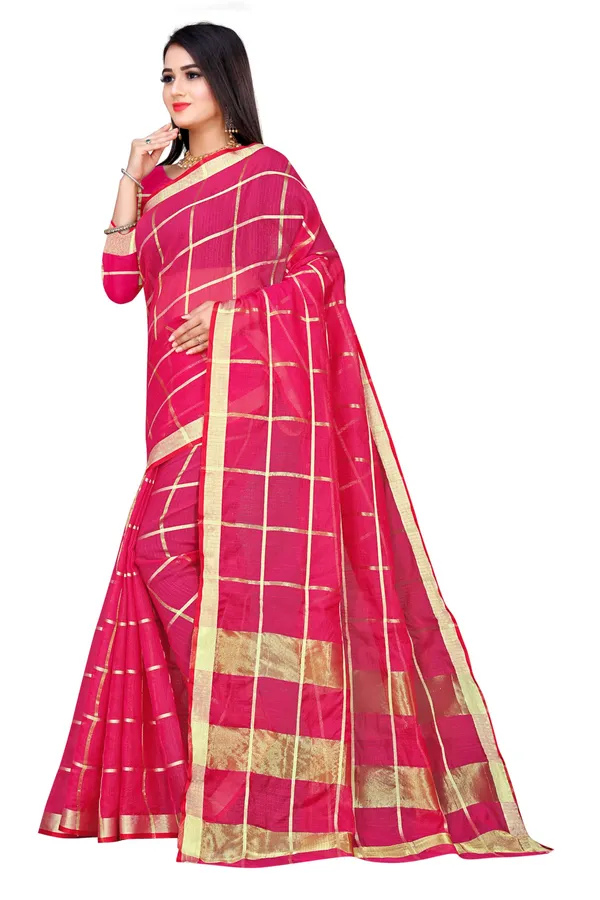 Rani_Pink_Cotton_Silk_Premium_&_Elegant_(_Zari_Checkered_)_Kota_Doria_Saree_With_Blouse_Piece_For_Women