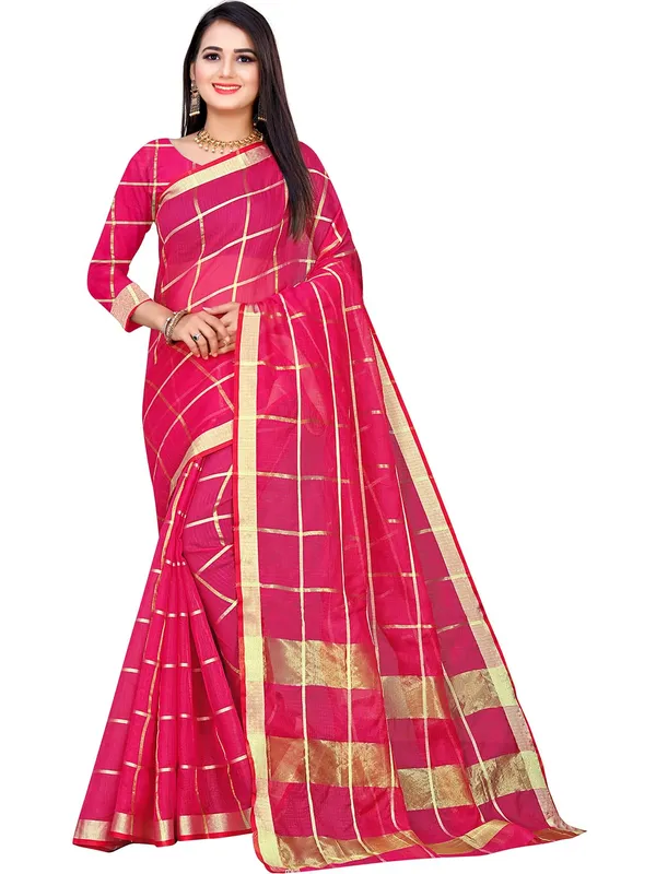 Rani_Pink_Cotton_Silk_Premium_&_Elegant_(_Zari_Checkered_)_Kota_Doria_Saree_With_Blouse_Piece_For_Women