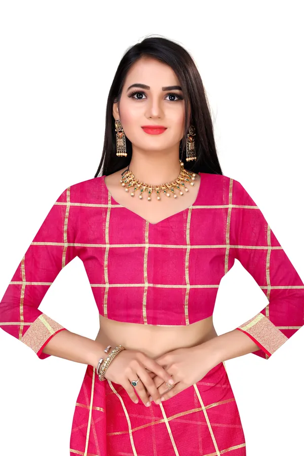 Rani_Pink_Cotton_Silk_Premium_&_Elegant_(_Zari_Checkered_)_Kota_Doria_Saree_With_Blouse_Piece_For_Women