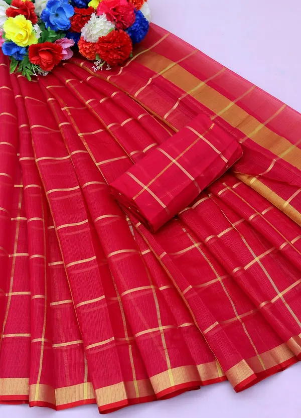 Rani_Pink_Cotton_Silk_Premium_&_Elegant_(_Zari_Checkered_)_Kota_Doria_Saree_With_Blouse_Piece_For_Women