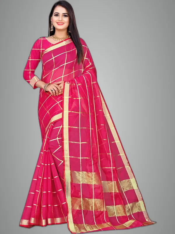 Rani_Pink_Cotton_Silk_Premium_&_Elegant_(_Zari_Checkered_)_Kota_Doria_Saree_With_Blouse_Piece_For_Women