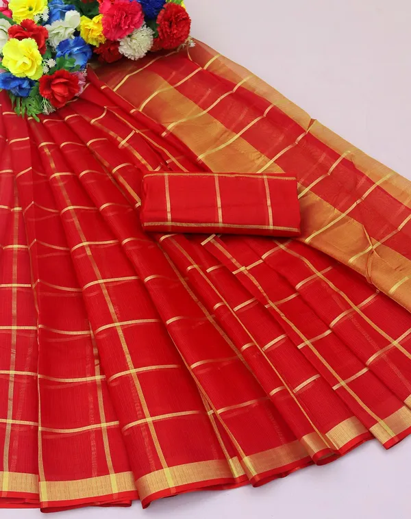 Red_Cotton_Silk_Premium_&_Elegant_(_Zari_Checkered_)_Kota_Doria_Saree_With_Blouse_Piece_For_Women