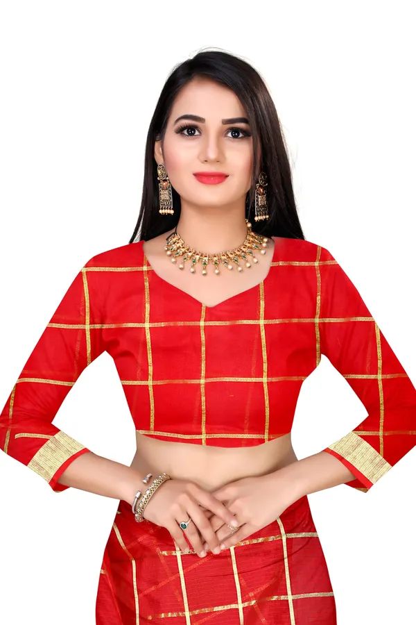 Red_Cotton_Silk_Premium_&_Elegant_(_Zari_Checkered_)_Kota_Doria_Saree_With_Blouse_Piece_For_Women