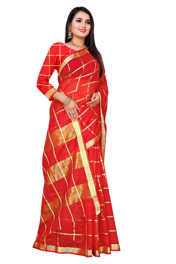 Red_Cotton_Silk_Premium_&_Elegant_(_Zari_Checkered_)_Kota_Doria_Saree_With_Blouse_Piece_For_Women
