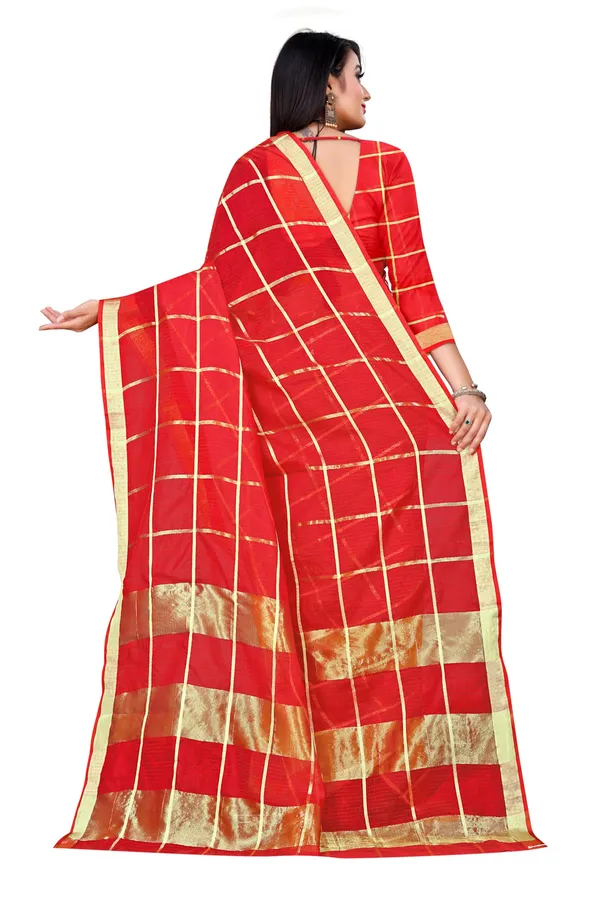 Red_Cotton_Silk_Premium_&_Elegant_(_Zari_Checkered_)_Kota_Doria_Saree_With_Blouse_Piece_For_Women