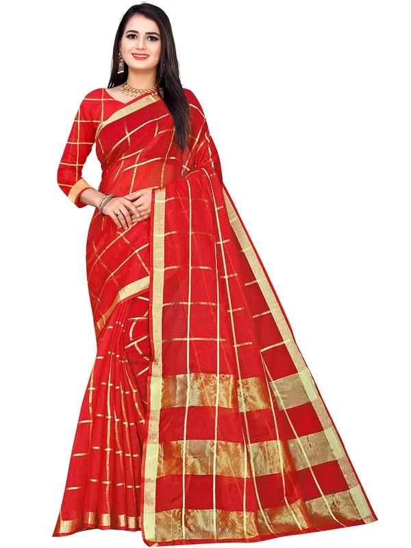 Red_Cotton_Silk_Premium_&_Elegant_(_Zari_Checkered_)_Kota_Doria_Saree_With_Blouse_Piece_For_Women