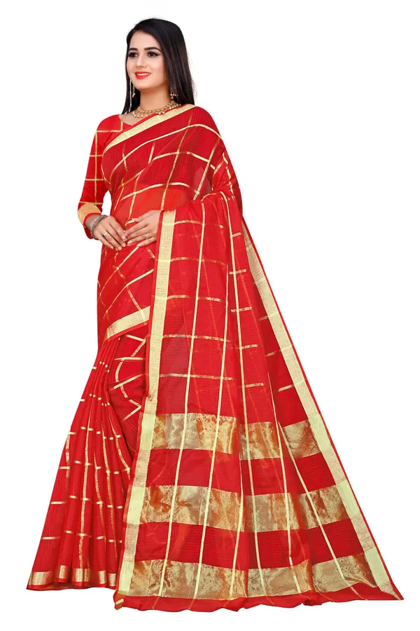 Red_Cotton_Silk_Premium_&_Elegant_(_Zari_Checkered_)_Kota_Doria_Saree_With_Blouse_Piece_For_Women