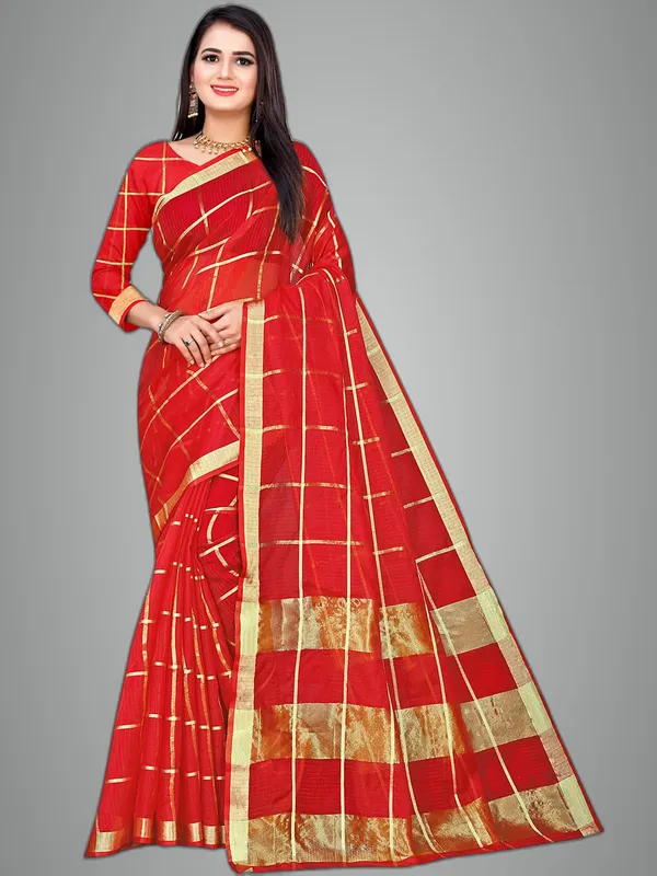 Red_Cotton_Silk_Premium_&_Elegant_(_Zari_Checkered_)_Kota_Doria_Saree_With_Blouse_Piece_For_Women