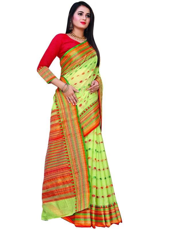 Light_Green_Cotton___Jacquard_Premium_&_Elegant_(_Zari_Border_And_Pallu_)_Manipuri_Saree_With_Blouse_Piece_For_Women