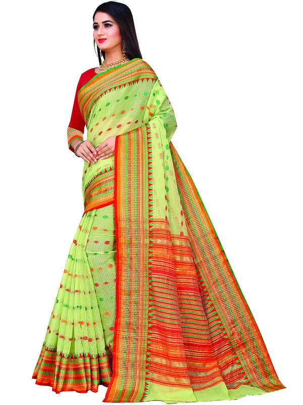 Light_Green_Cotton___Jacquard_Premium_&_Elegant_(_Zari_Border_And_Pallu_)_Manipuri_Saree_With_Blouse_Piece_For_Women