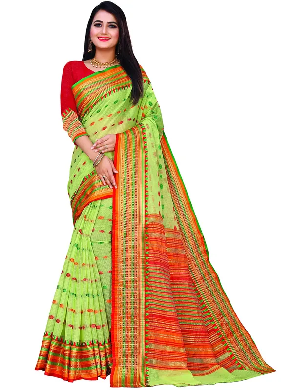 Light_Green_Cotton___Jacquard_Premium_&_Elegant_(_Zari_Border_And_Pallu_)_Manipuri_Saree_With_Blouse_Piece_For_Women