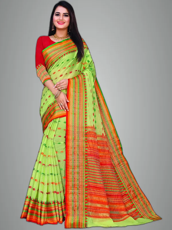 Light_Green_Cotton___Jacquard_Premium_&_Elegant_(_Zari_Border_And_Pallu_)_Manipuri_Saree_With_Blouse_Piece_For_Women