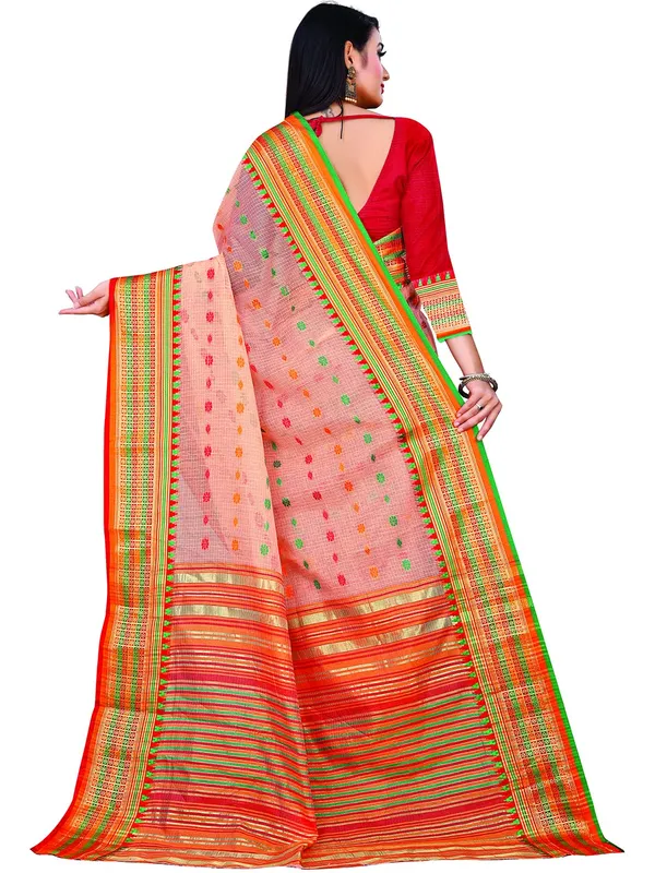 Peach_Cotton___Jacquard_Premium_&_Elegant_(_Zari_Border_And_Pallu_)_Manipuri_Saree_With_Blouse_Piece_For_Women