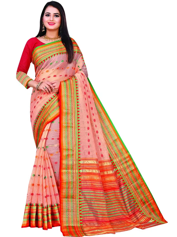 Peach_Cotton___Jacquard_Premium_&_Elegant_(_Zari_Border_And_Pallu_)_Manipuri_Saree_With_Blouse_Piece_For_Women