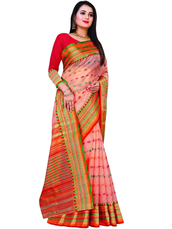 Peach_Cotton___Jacquard_Premium_&_Elegant_(_Zari_Border_And_Pallu_)_Manipuri_Saree_With_Blouse_Piece_For_Women