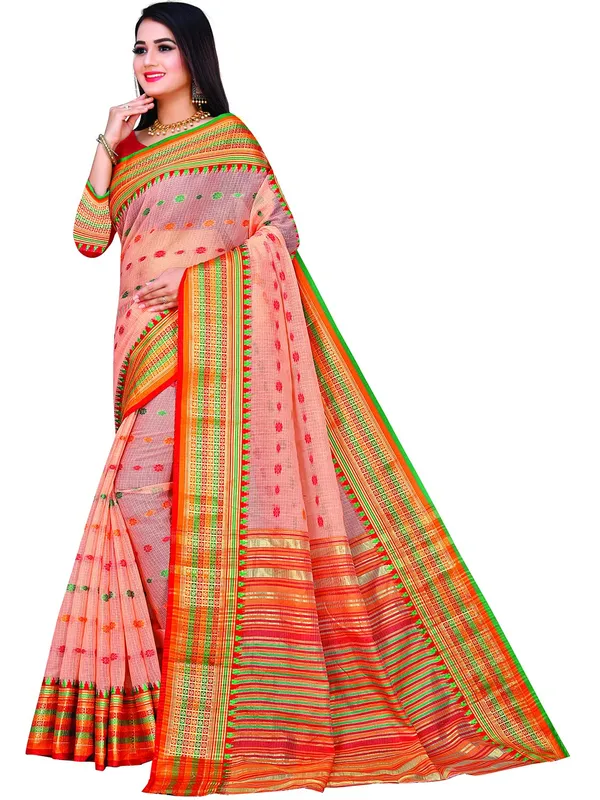 Peach_Cotton___Jacquard_Premium_&_Elegant_(_Zari_Border_And_Pallu_)_Manipuri_Saree_With_Blouse_Piece_For_Women