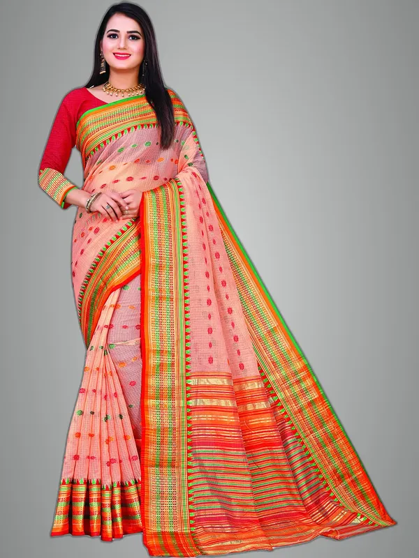 Peach_Cotton___Jacquard_Premium_&_Elegant_(_Zari_Border_And_Pallu_)_Manipuri_Saree_With_Blouse_Piece_For_Women