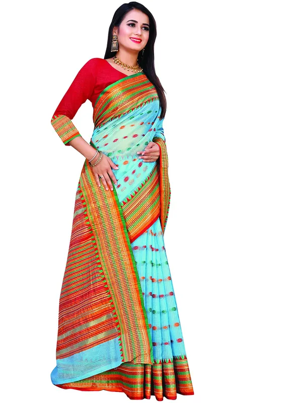 Sky_Blue_Cotton___Jacquard_Premium_&_Elegant_(_Zari_Border_And_Pallu_)_Manipuri_Saree_With_Blouse_Piece_For_Women