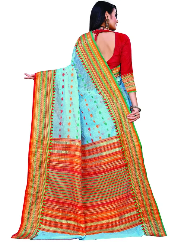 Sky_Blue_Cotton___Jacquard_Premium_&_Elegant_(_Zari_Border_And_Pallu_)_Manipuri_Saree_With_Blouse_Piece_For_Women