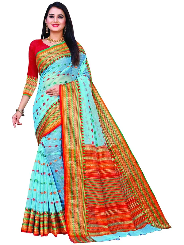 Sky_Blue_Cotton___Jacquard_Premium_&_Elegant_(_Zari_Border_And_Pallu_)_Manipuri_Saree_With_Blouse_Piece_For_Women