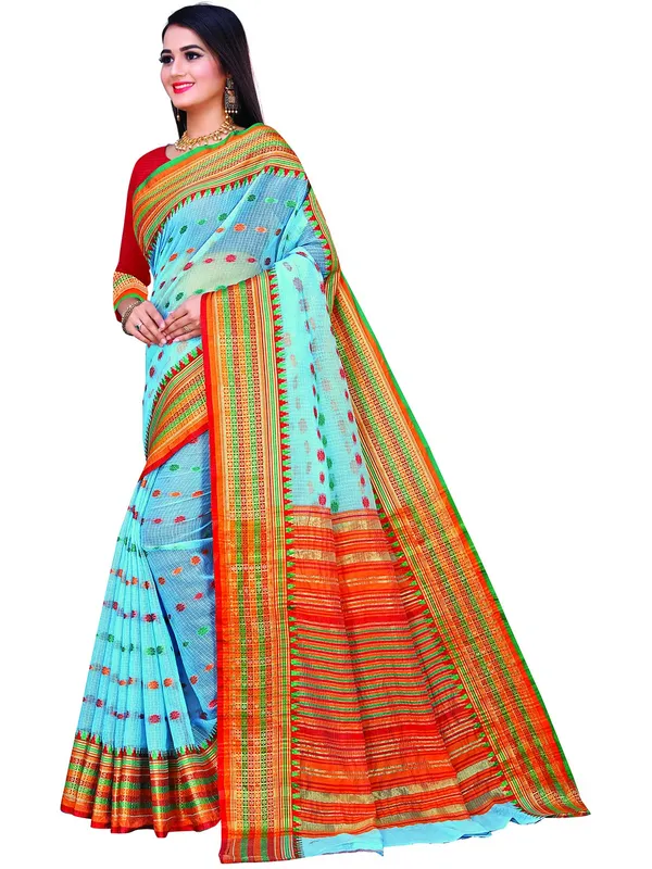 Sky_Blue_Cotton___Jacquard_Premium_&_Elegant_(_Zari_Border_And_Pallu_)_Manipuri_Saree_With_Blouse_Piece_For_Women