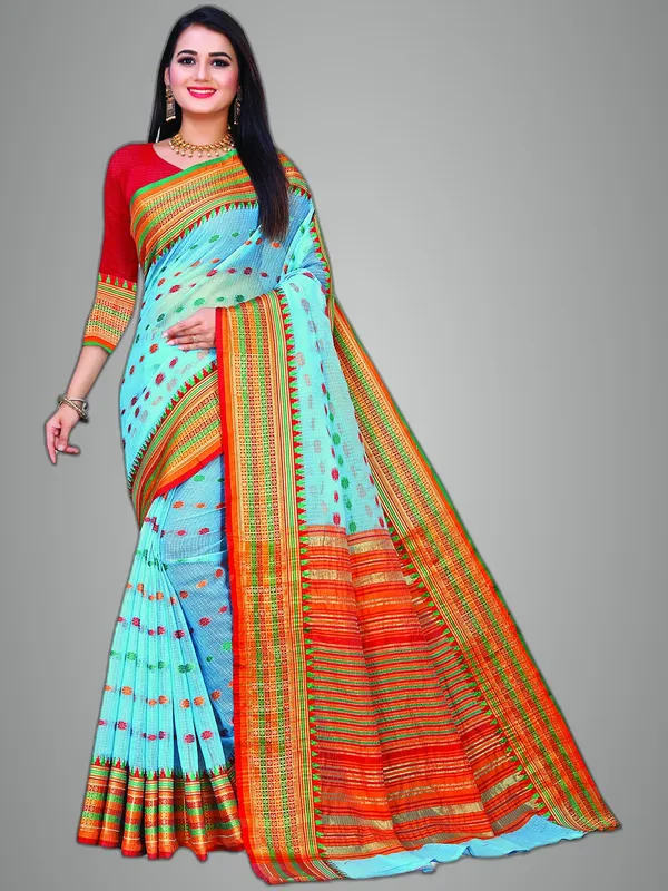 Sky_Blue_Cotton___Jacquard_Premium_&_Elegant_(_Zari_Border_And_Pallu_)_Manipuri_Saree_With_Blouse_Piece_For_Women